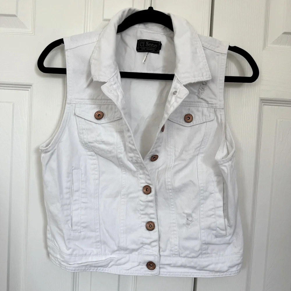 Ci Sono White Distressed Cotton Denim Jean Vest Button Details Women’s Large EUC - Picture 2 of 13